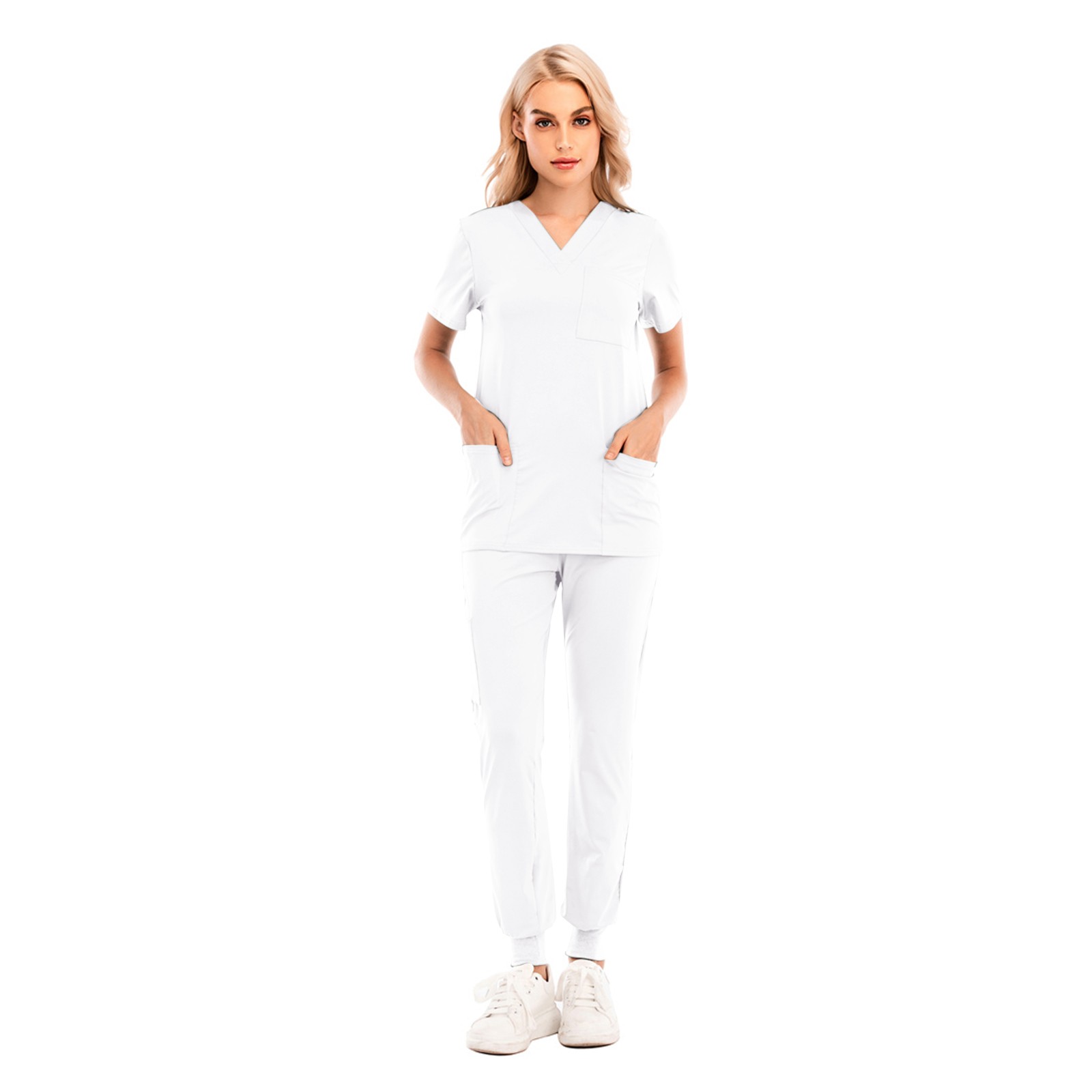 thumbnail image 5 of Conjunto de uniforme de enfermería de 2 piezas para mujer: top de manga corta con cuello en V + pantalones, poliéster, con bolsillo, verde/morado/blanco, tallas S-XXL, tallas asiáticas, 5 of 8